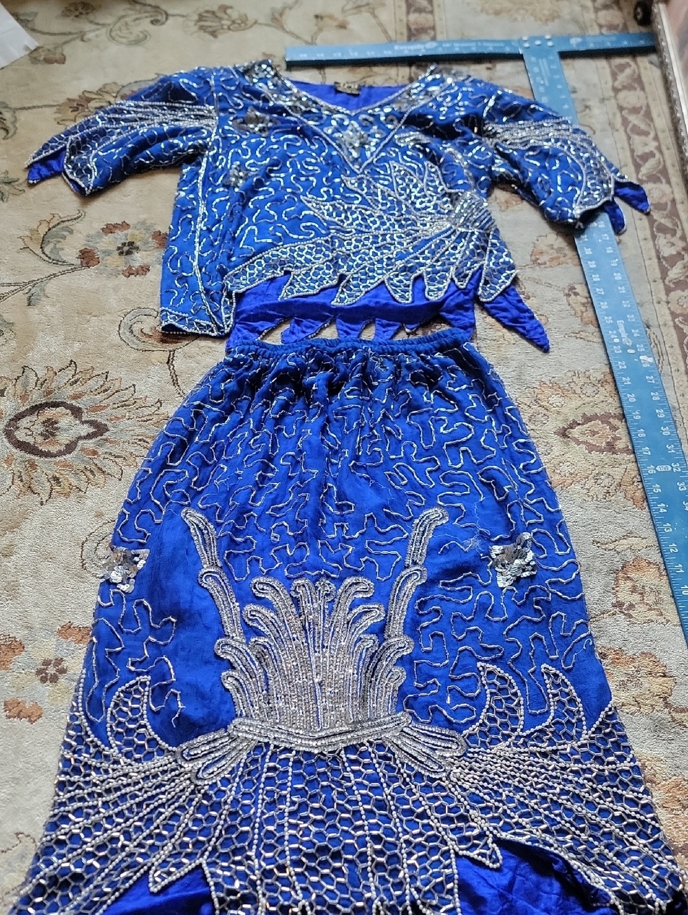 Royal Blue Beaded Two-Piece Dress Set Beaded Silk